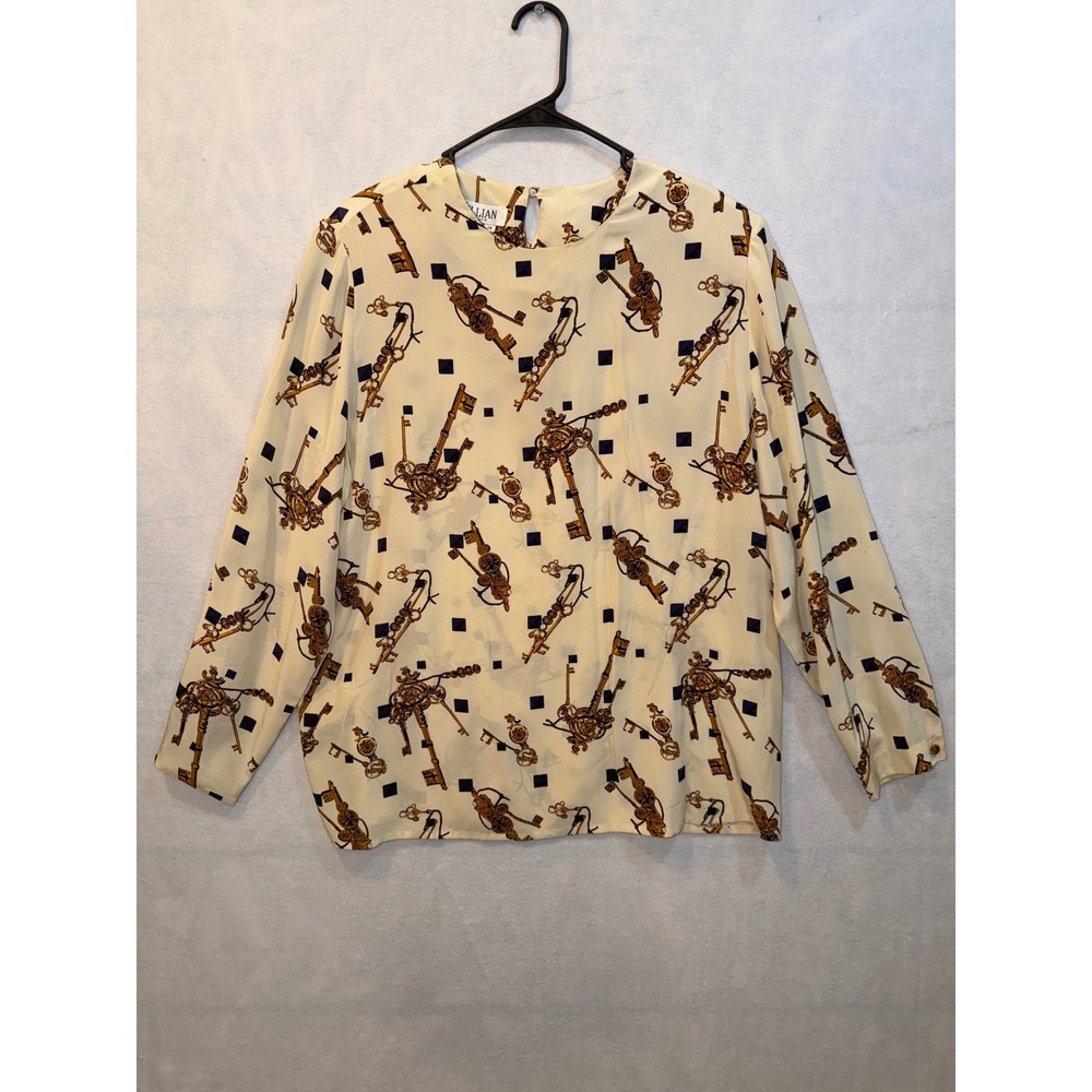 GILLIAN Blouse 100% Silk Key Print Long Sleeve Button Back Top Womens 14 Vintage